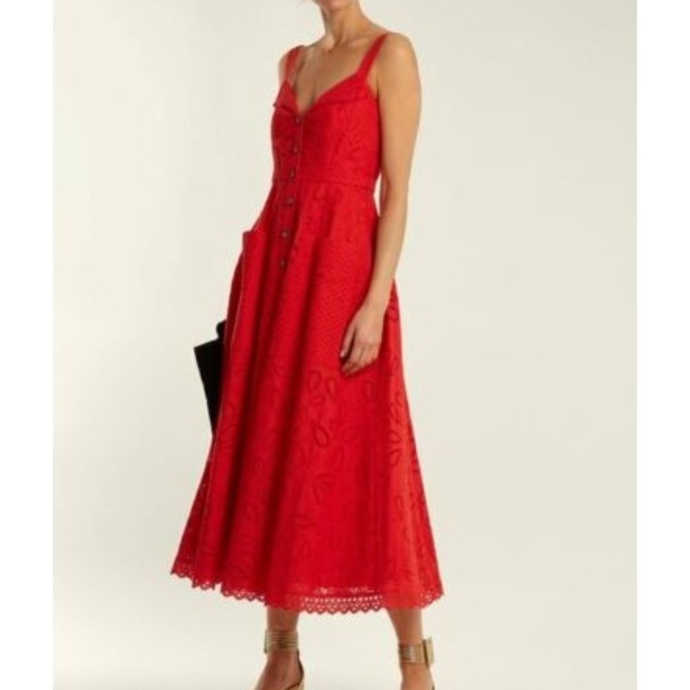 SALONI - Fara-Broderie Anglaise Cotton Midi Dress - Red - Size 2